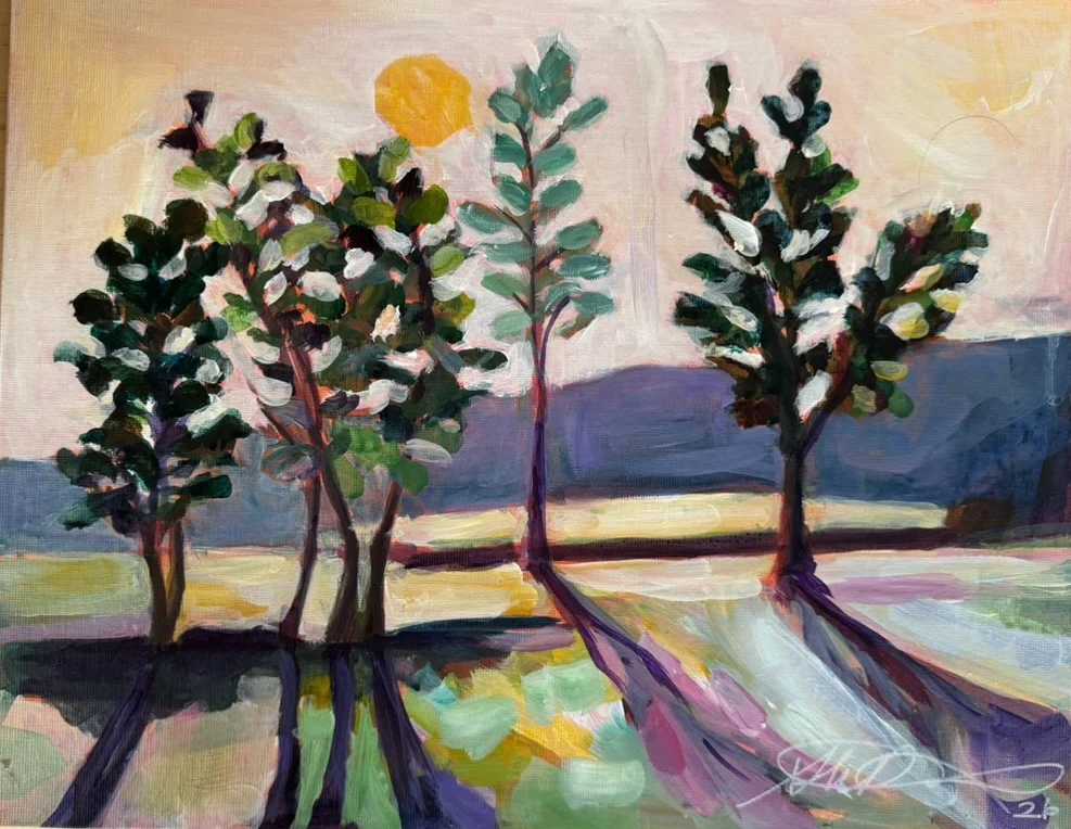 Orchard in Late Afternoon, acrylic on board, by Shannon Huffman Polson