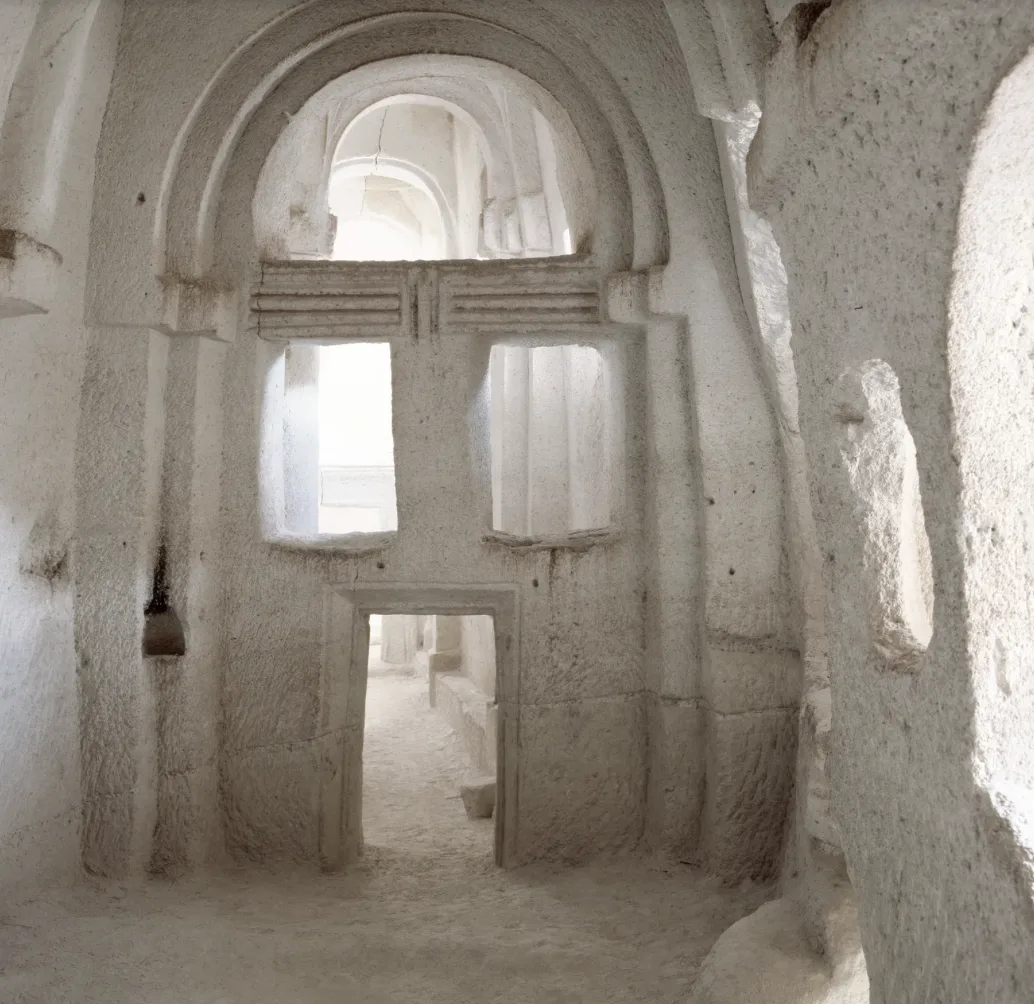 The carved interior of an ancient rock church